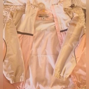 Columbia sport pink & grey rain jacket. Size large. Good condition, minor wear.